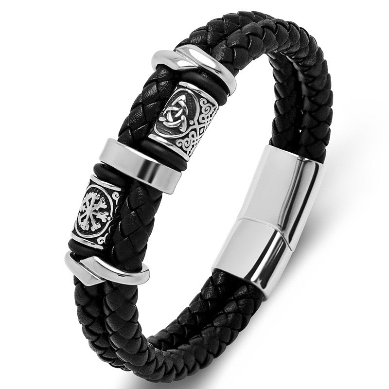 Viking Double Braided Leather Bracelet – 316L Stainless Steel Clasp | Men & Women