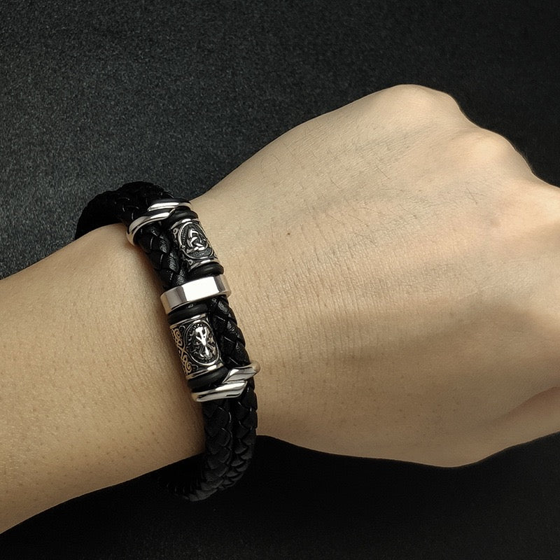 Viking Double Braided Leather Bracelet – 316L Stainless Steel Clasp | Men & Women