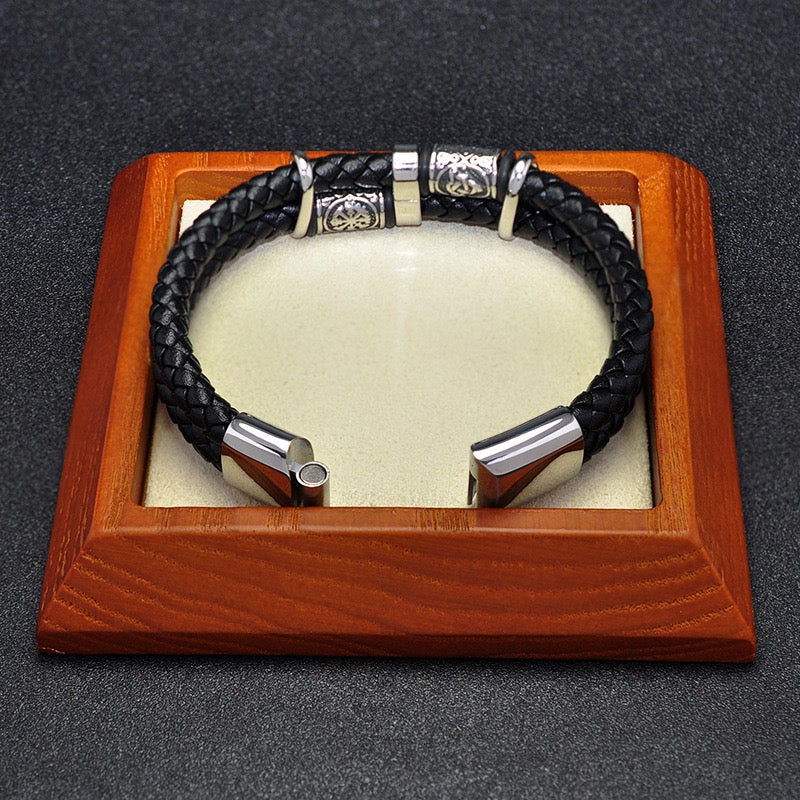 Viking Double Braided Leather Bracelet – 316L Stainless Steel Clasp | Men & Women