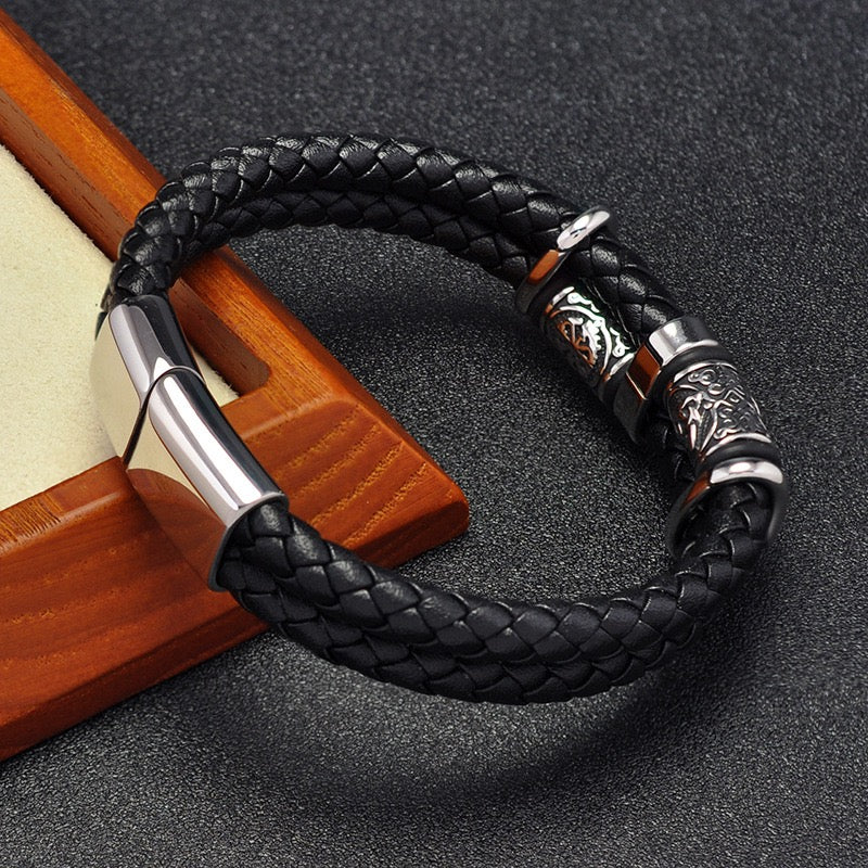 Viking Double Braided Leather Bracelet – 316L Stainless Steel Clasp | Men & Women