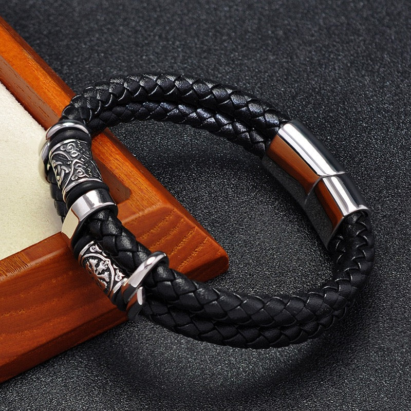 Viking Double Braided Leather Bracelet – 316L Stainless Steel Clasp | Men & Women
